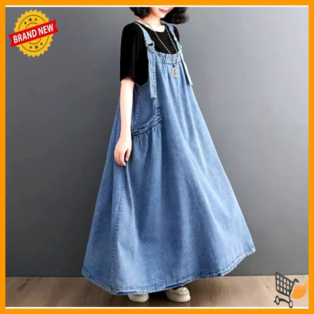 Loose Denim Jumper Dress with Adjustable Straps and Pockets - Picture 4 of 6